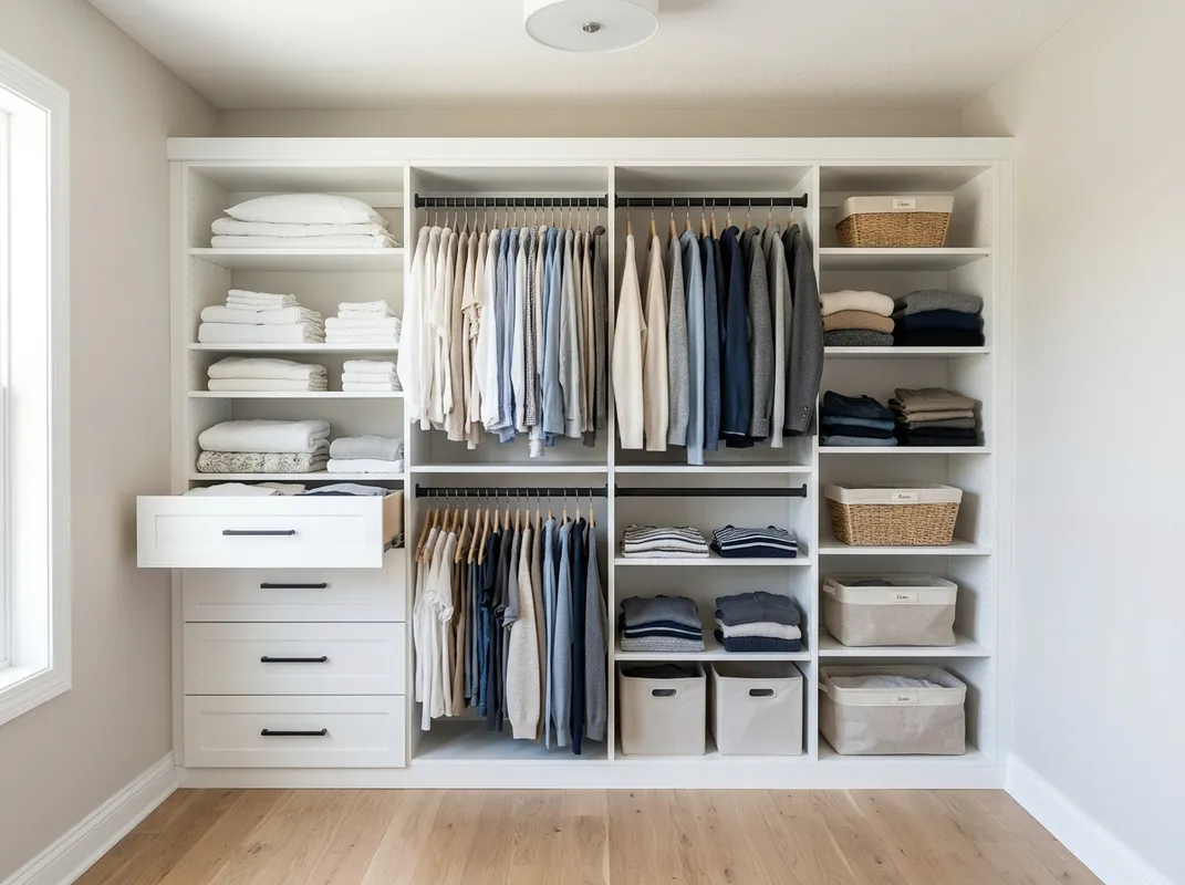 Freshly installed white custom reach-in closet with drawers and matte black hardware
