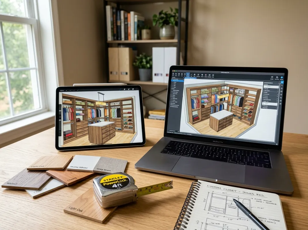 Tablet and laptop showing a custom closet 3D design with wood finish samples
