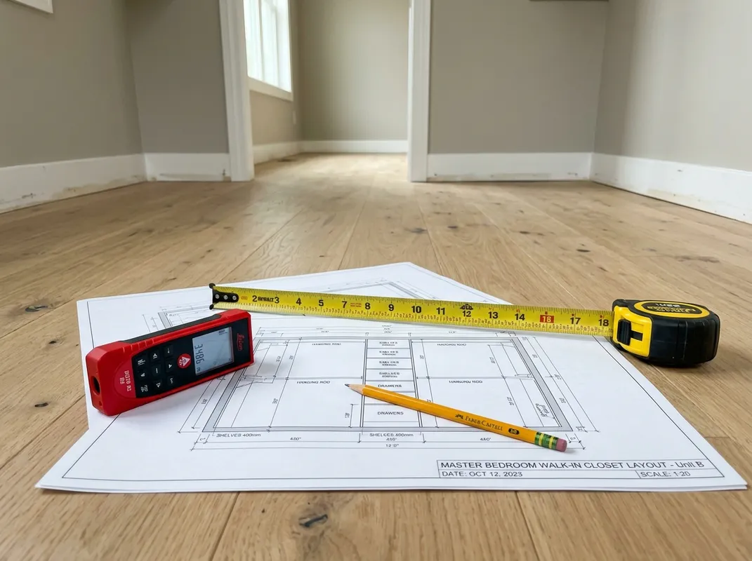 Laser measure, tape measure, and a closet layout blueprint on a wood floor