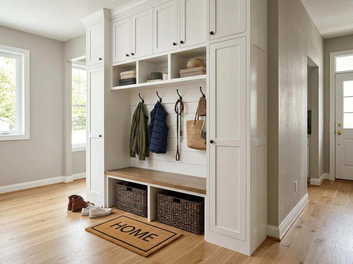 Custom white mudroom built-in with cubbies, hooks, and bench by Pi Cabinetry